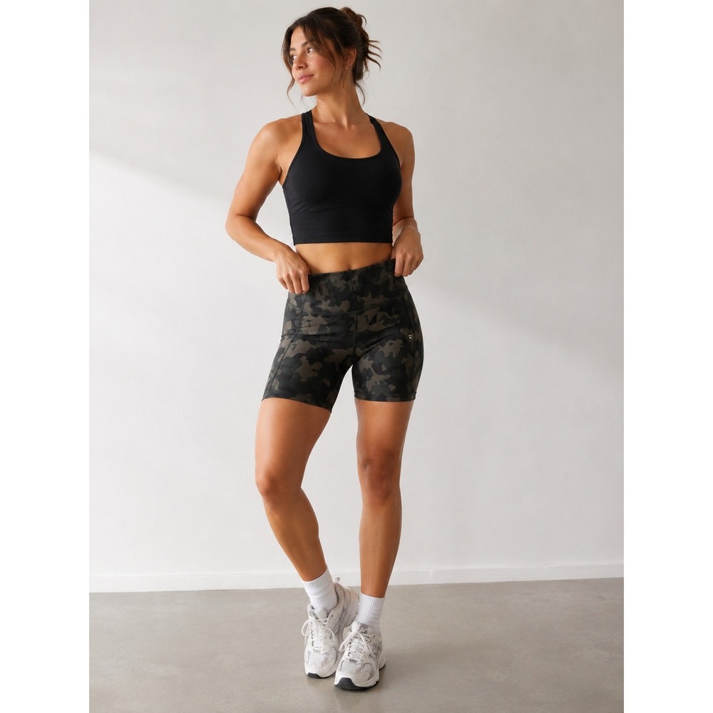 Legend Green Camo High Rise Compression Biker Shorts M Athletic Gym Pockets Hike